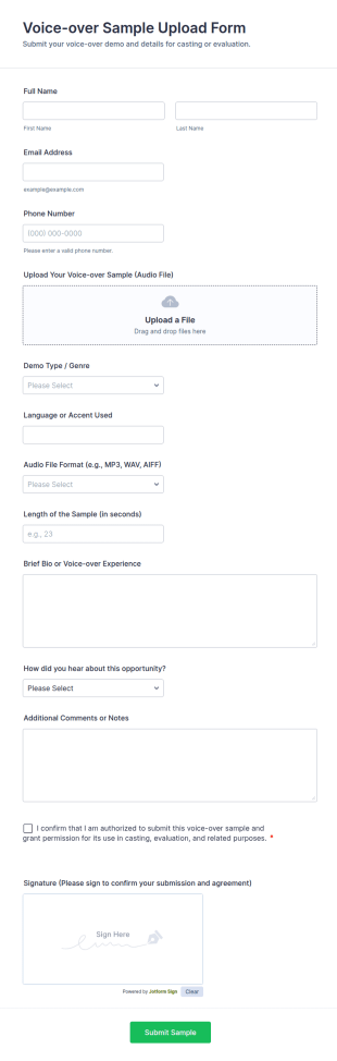 Voice Over Sample Upload Form Template