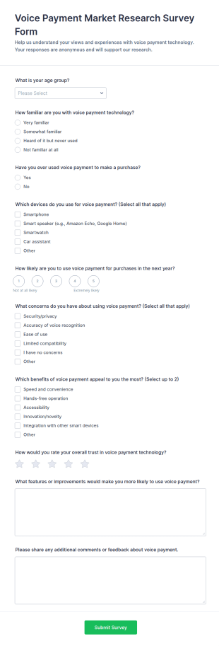 Voice Payment Market Research Survey Form Template