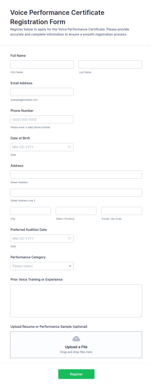 Voice Performance Certificate Registration Form Template