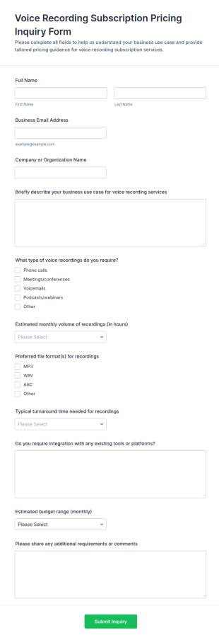 Voice Recording Subscription Pricing Inquiry Form Template
