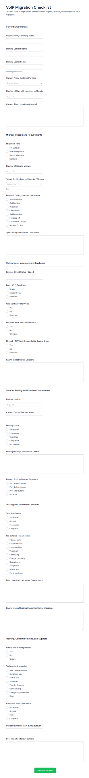 VoIP Migration Checklist Form Template