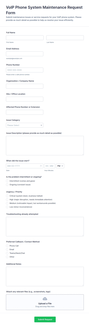 VoIP Phone System Maintenance Request Form Template