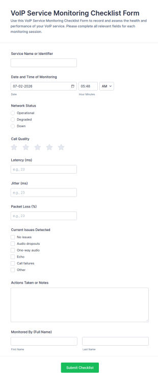 VoIP Service Monitoring Checklist Form Template
