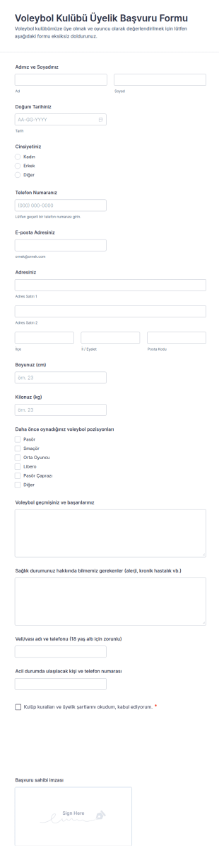 Voleybol Katılım Üyelik Formu 🏐 Form Şablonu