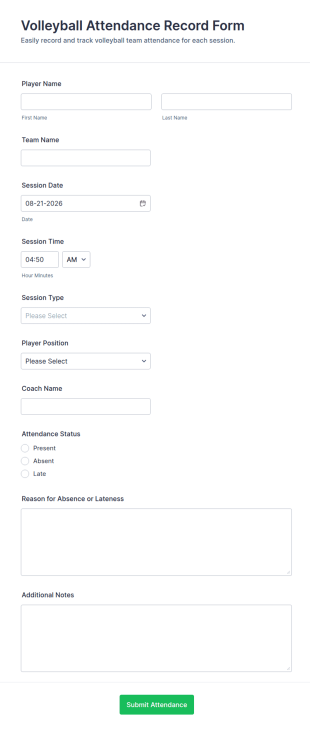 Volleyball Attendance Record Form Template