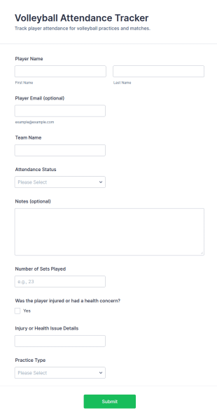 Volleyball Attendance Tracker Form Template