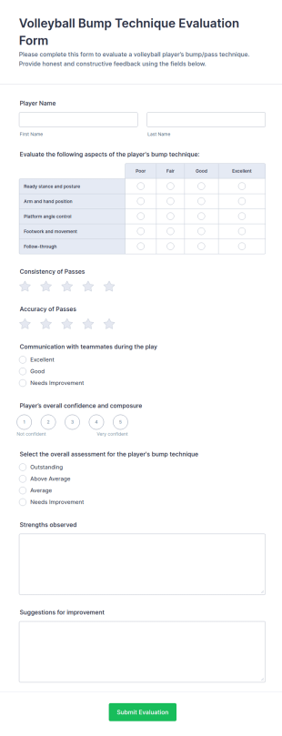 Volleyball Bump Technique Evaluation Form Template