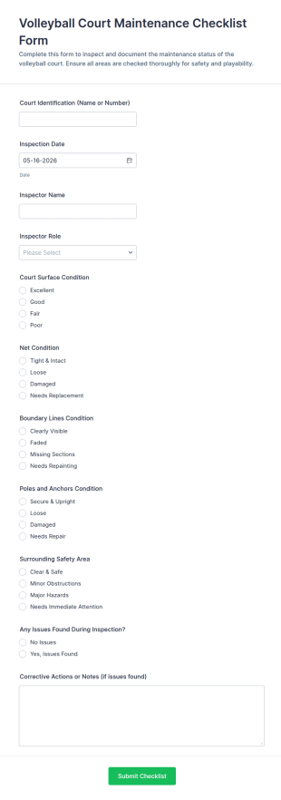 Volleyball Court Maintenance Checklist Form Template