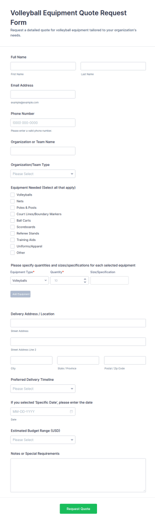 Volleyball Equipment Quote Request Form Template