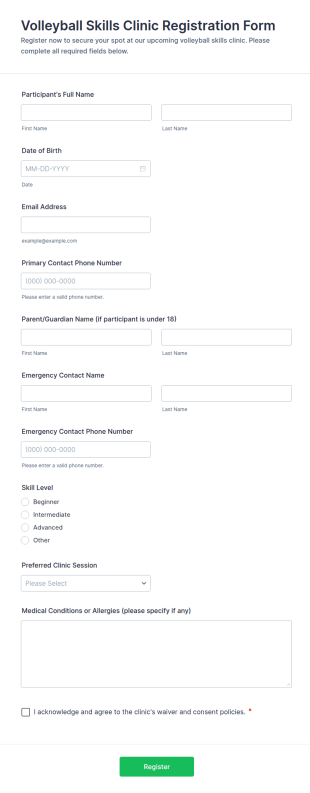 Volleyball Skills Clinic Registration Form Template