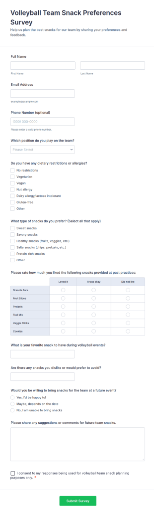 Volleyball Team Snack Preferences Survey Form Template
