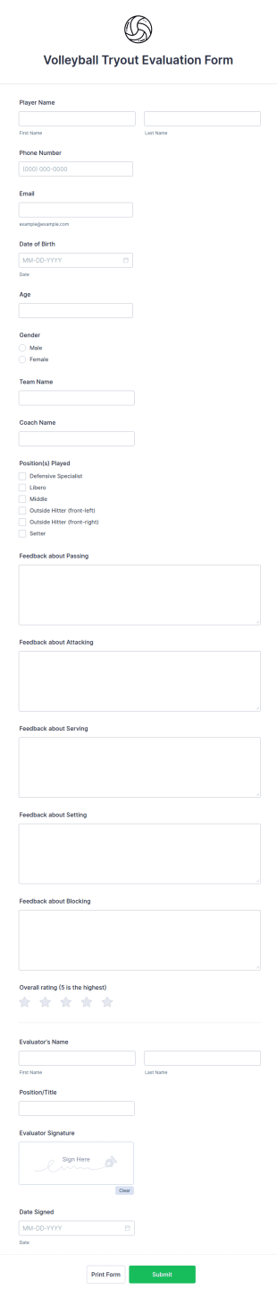 Volleyball Tryout Evaluation Form Template