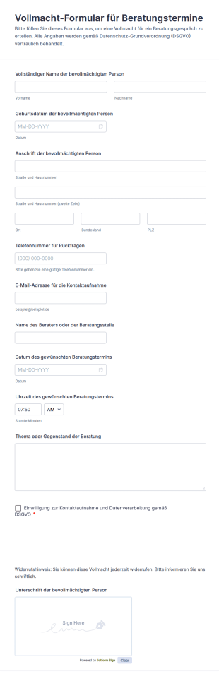Vollmacht Formular Für Beratungstermine