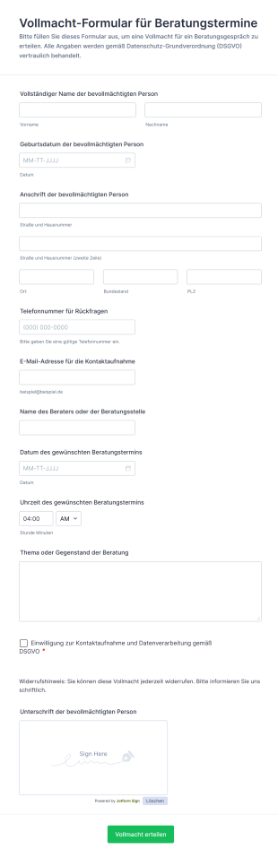 Vollmacht Formular Für Beratungstermine