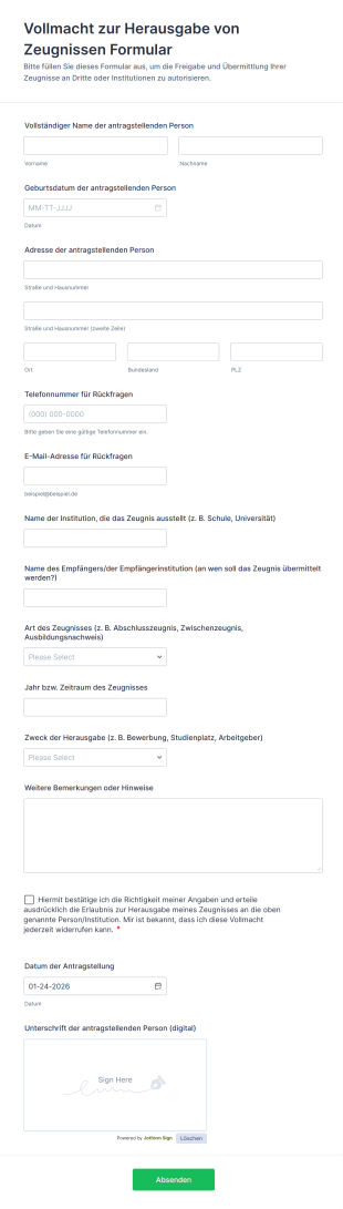 Vollmacht Zur Herausgabe Von Zeugnissen Formular