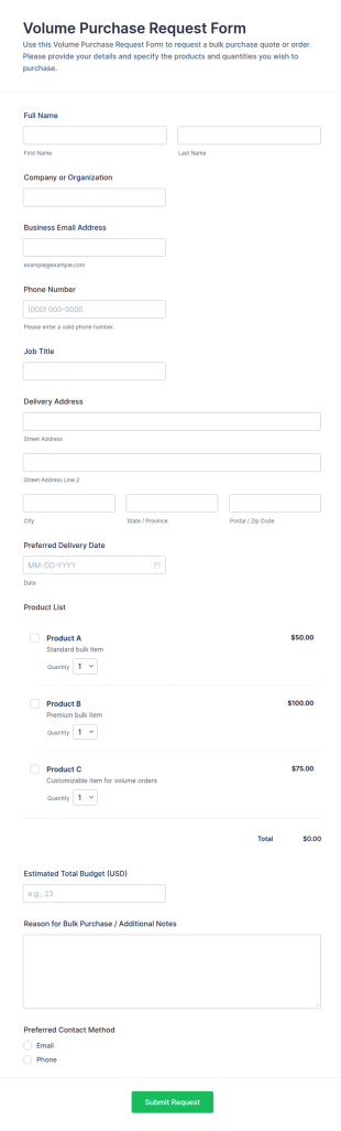 Volume Purchase Request Form Template