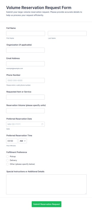 Volume Reservation Request Form Template