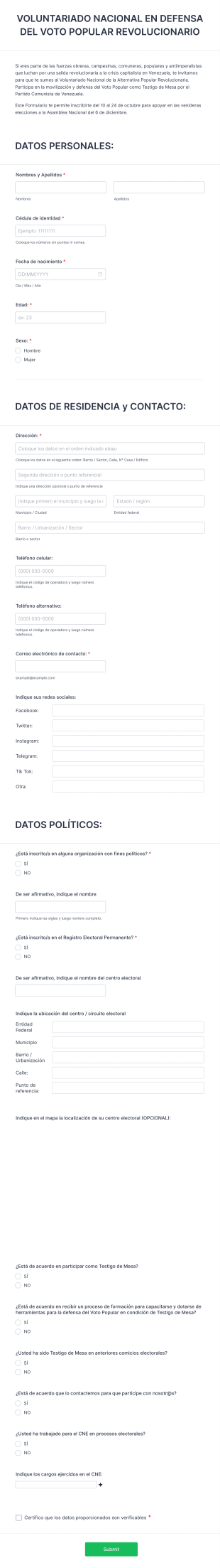 VOLUNTARIADO NACIONAL EN DEFENSA DEL VOTO POPULAR REVOLUCIONARIO Form Template