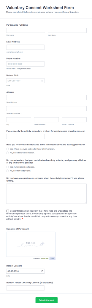Voluntary Consent Worksheet Form Template