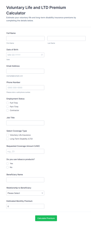 Voluntary Life And LTD Premium Calculator Form Template