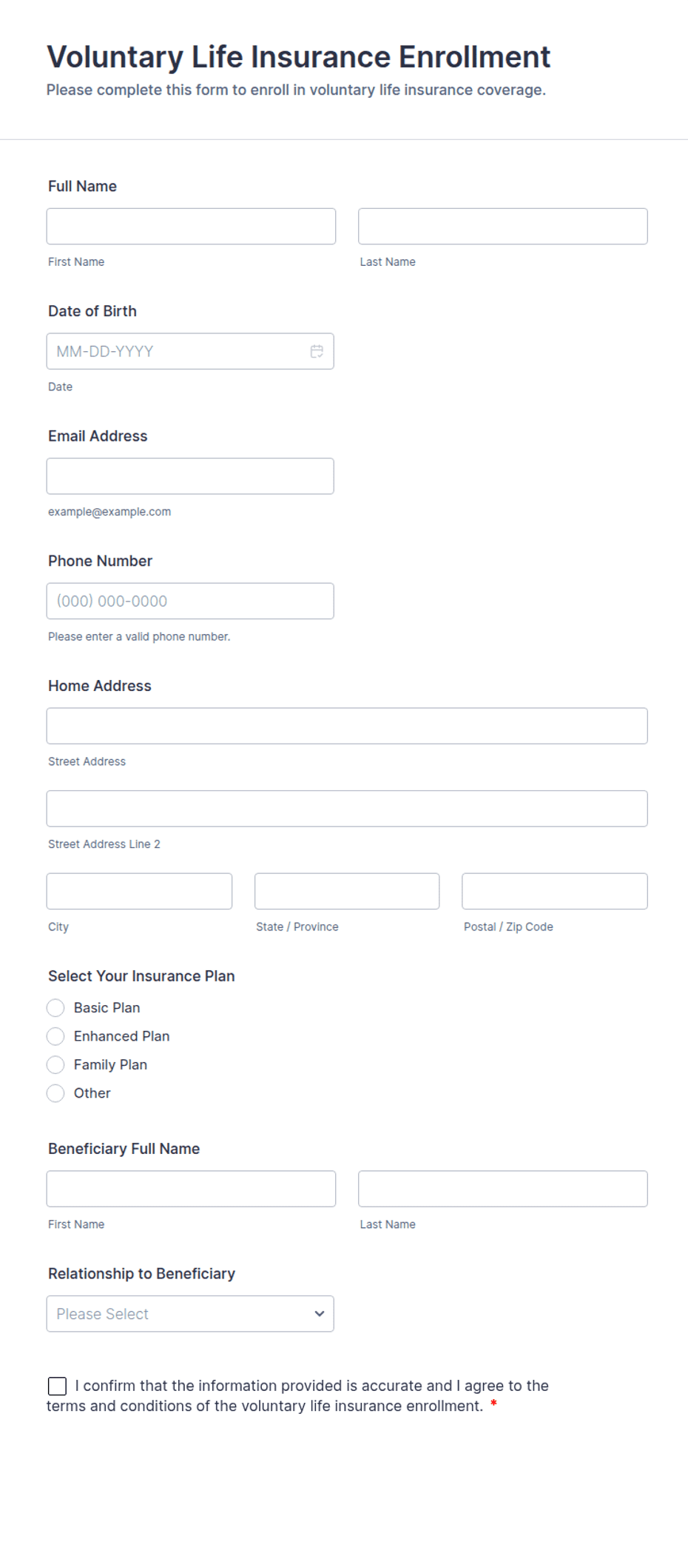Voluntary Insurance Program Voluntary Life Insurance Enrollment Form Template | Jotform