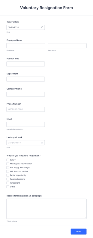 Voluntary Resignation Form Template