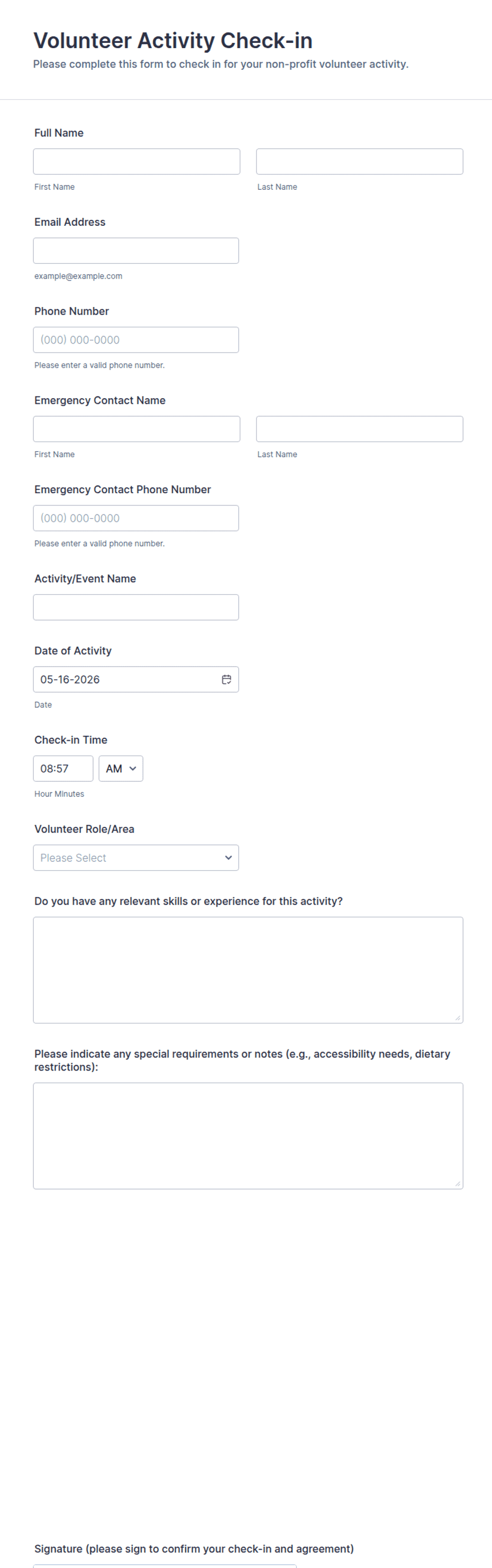 Volunteer Check Inflag Volunteer Activity Check-in Form Template | Jotform