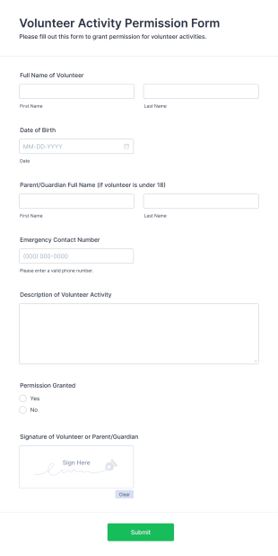 Volunteer Activity Permission Form Form Template