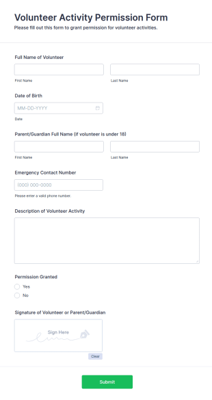 Volunteer Activity Permission Form Template