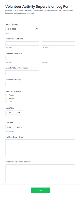 Volunteer Activity Supervision Log Form Template