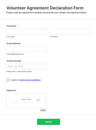 Volunteer Agreement Declaration Form Template