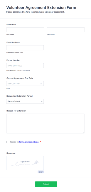 Volunteer Agreement Extension Form Template