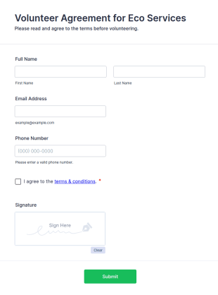 Volunteer Agreement Form For Eco Services