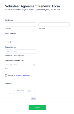 Volunteer Agreement Renewal Form Form Template