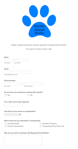 Bayside Animal Shelter Volunteer Application Form Template
