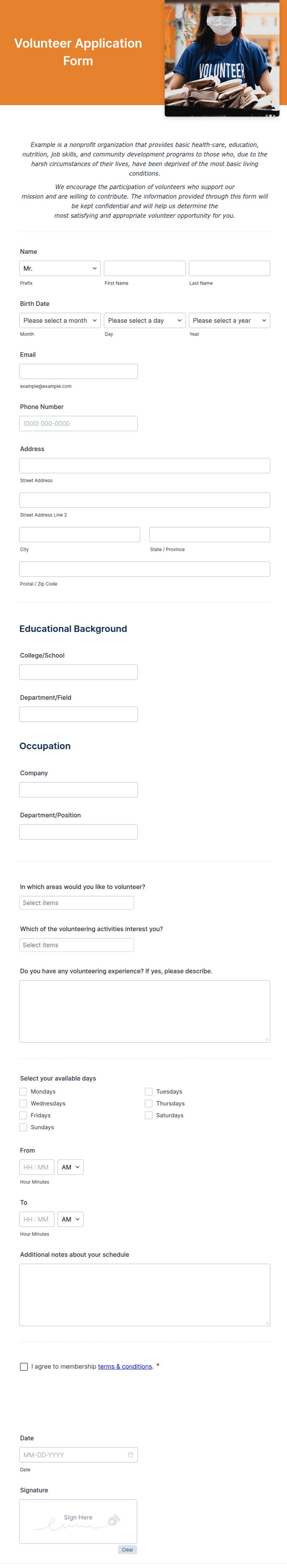 Volunteer Application Form for NonProfit Form Template Jotform