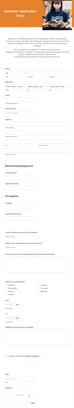 Volunteer Application Form For Non Profit Form Template
