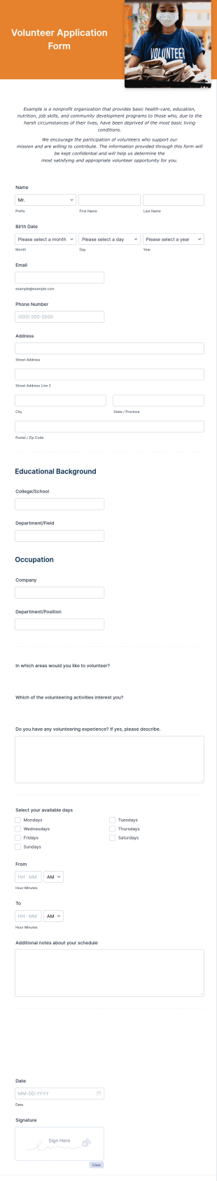 Volunteer Application Form For Non Profit