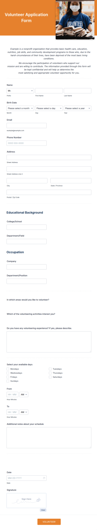 Volunteer Application Form For Non Profit