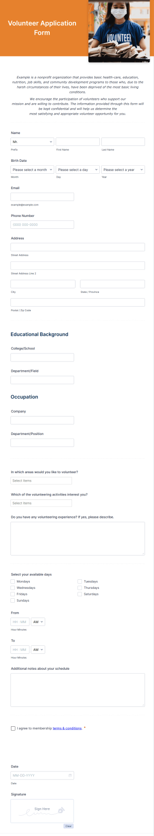 Volunteer Application Form For Non Profit