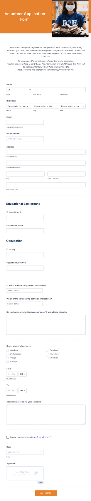 Volunteer Application Form For Non Profit Form Template