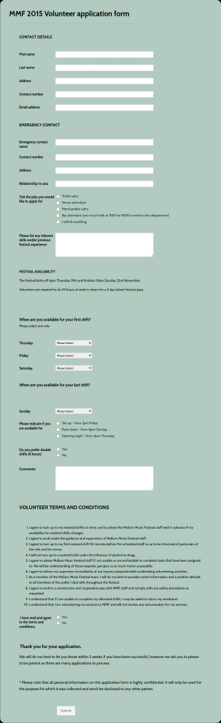 Volunteer Application Form For Music Festival