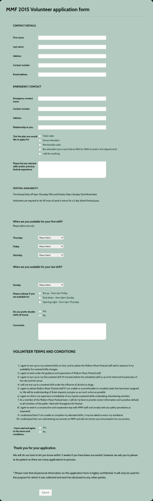 Volunteer Application Form For Music Festival