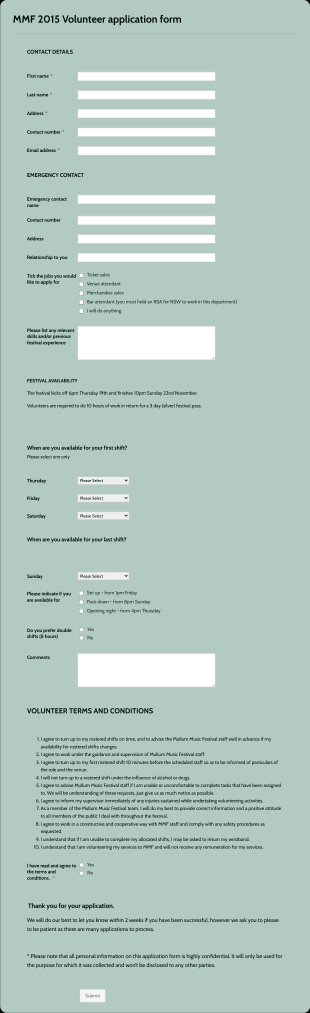 Volunteer Application Form For Music Festival Form Template