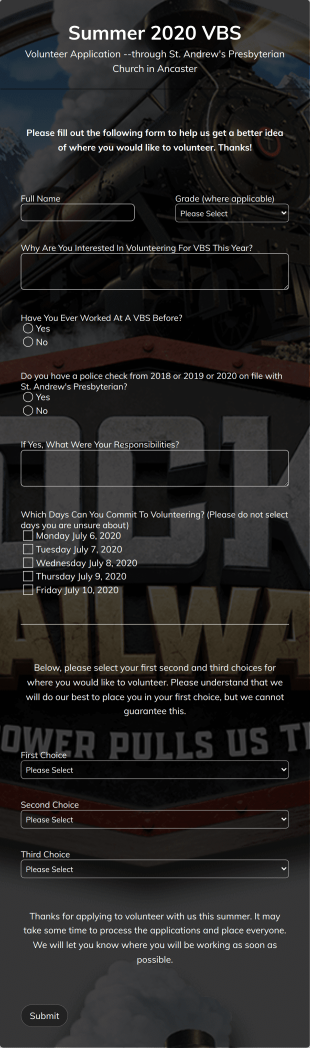 VOLUNTEER APPLICATION Summer 2020 VBS Form Template