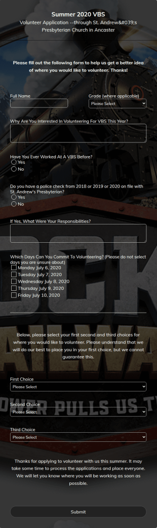 VOLUNTEER APPLICATION Summer 2020 VBS Form Template