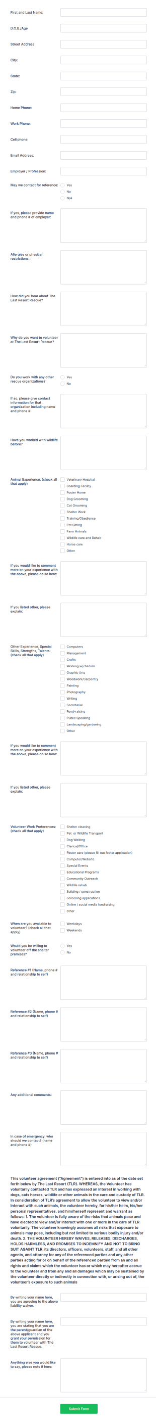 Volunteer Animal Rescue Application Form Template