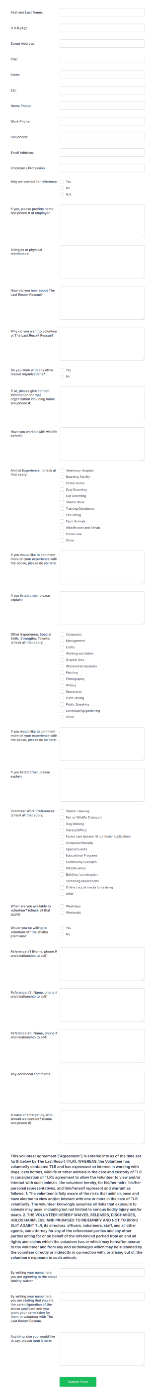 Volunteer Animal Rescue Application Form Template