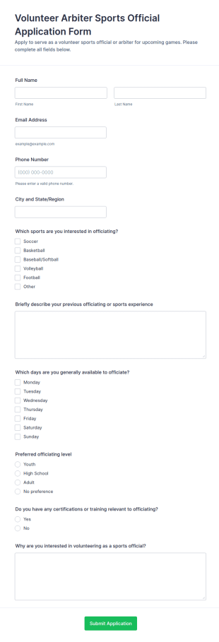 Volunteer Arbiter Sports Official Application Form Template