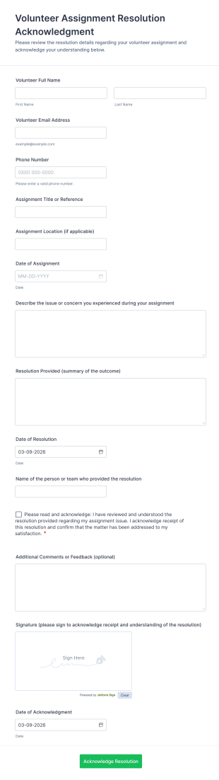 Volunteer Assignment Resolution Acknowledgment Form Template